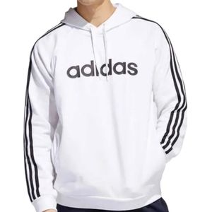 Unisex small adidas white hoodie with three black stripes on the sleeves.